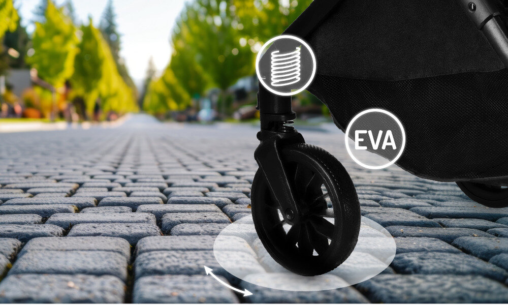 Wózek spacerowy MOMI Andrea Turkusowy Płynna jazda bez stresu Koła z nieprzebijalnej pianki EVA amortyzacja przednich kół Blokada skrętu przednich kół 