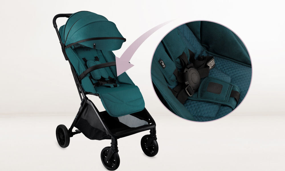 Wózek spacerowy MOMI Andrea Turkusowy Bezpieczne spacery Pięciopunktowe pasy zgodna z normami EN 1888-1 i EN 1888-2  swoboda