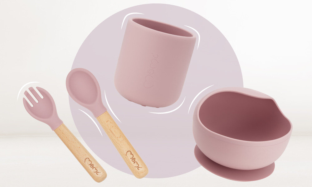 Zestaw naczyń MOMI Ami Różowy Nauka samodzielnego jedzenia Zaokrąglone, ergonomiczne kształty wysokie krawędzie naczyń Sztućce dopasowane do małych dłoni rozwój koordynacji ruchowej
