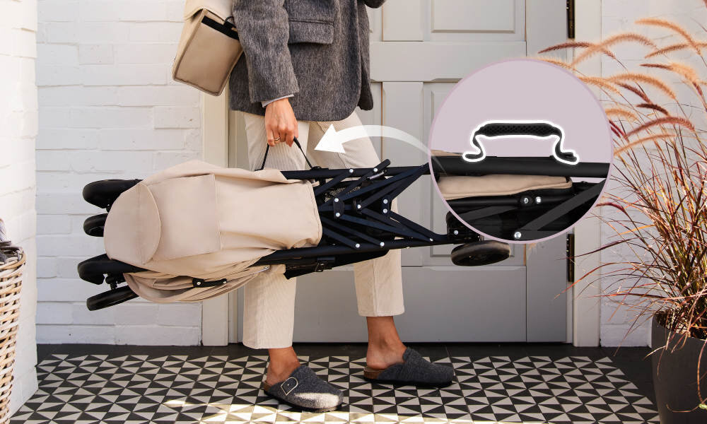 Wózek spacerowy MOMI Akira Beżowy Składanie i przechowywanie Mobilny system składania w kilka chwil  Uchwyt do przenoszenia lekka konstrukcja 7,28 kg