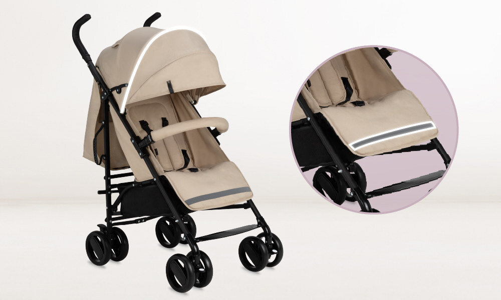 Wózek spacerowy MOMI Akira Beżowy Widoczność i odblaski Elementy odblaskowe praktyczne wsparcie spacery jesień zima oświetlenie