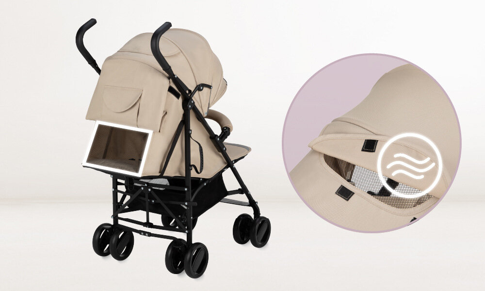 Wózek spacerowy MOMI Akira Beżowy Ochrona przed pogodą Powiększana budka z okienkiem możliwość jej demontażu dopasowanie Okienko wspiera cyrkulację powietrza