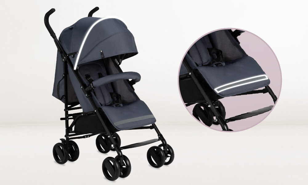 Wózek spacerowy MOMI Akira Szary Widoczność i odblaski Elementy odblaskowe praktyczne wsparcie spacery jesień zima oświetlenie