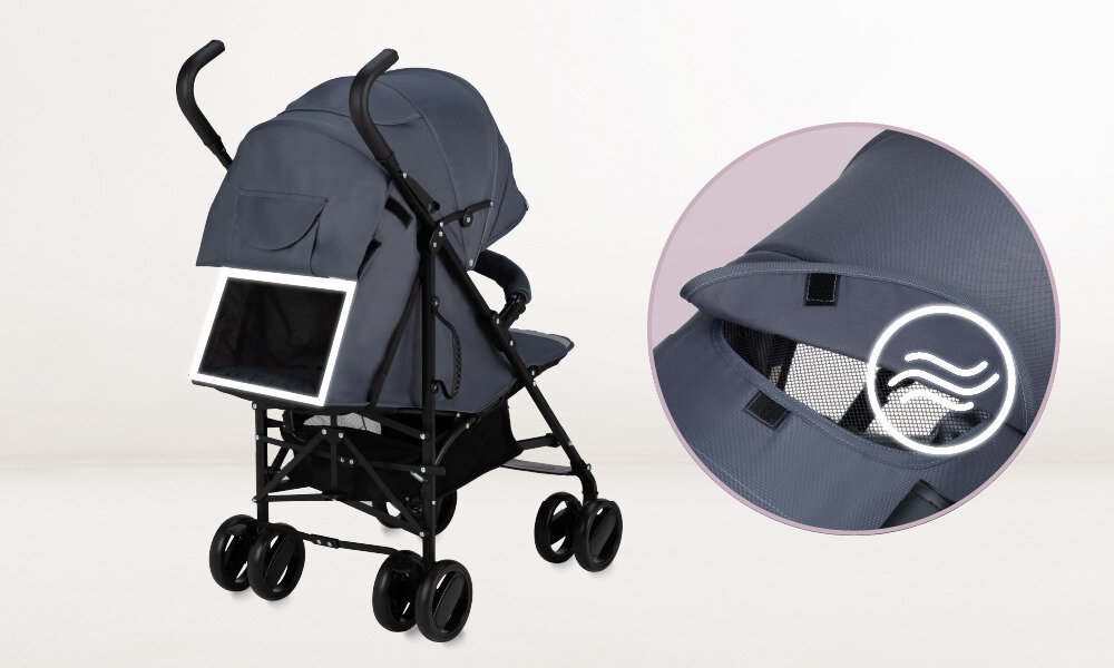 Wózek spacerowy MOMI Akira Szary Ochrona przed pogodą Powiększana budka z okienkiem możliwość jej demontażu dopasowanie Okienko wspiera cyrkulację powietrza