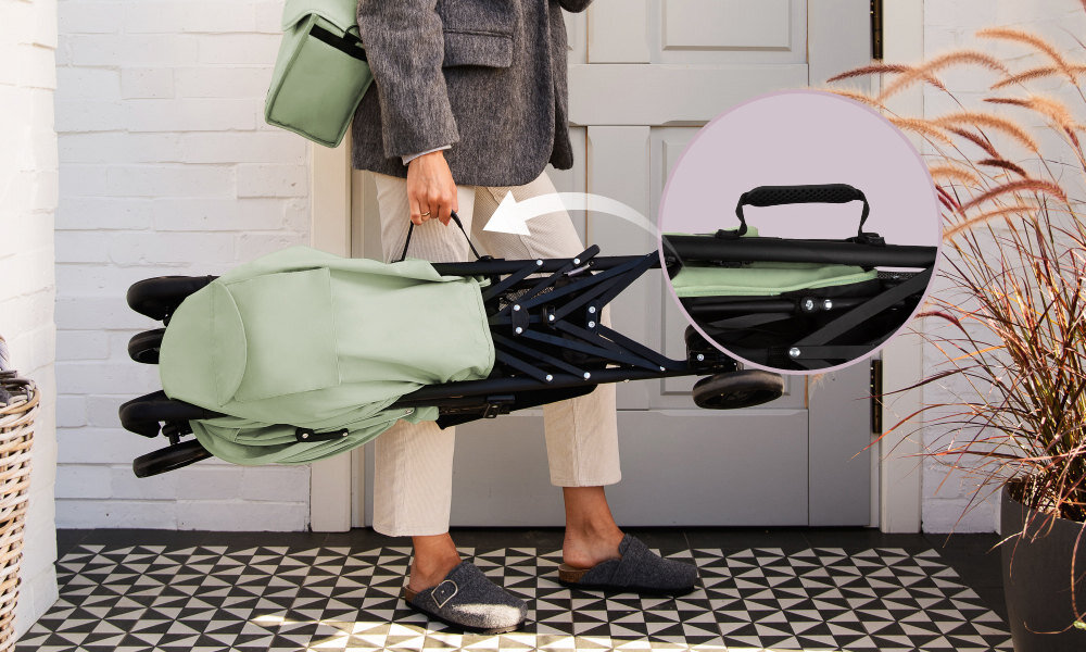 Wózek spacerowy MOMI Akira Zielony Składanie i przechowywanie Mobilny system składania w kilka chwil  Uchwyt do przenoszenia lekka konstrukcja 7,28 kg