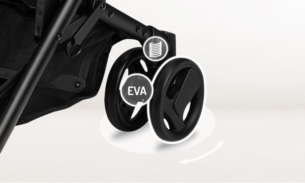 Wózek spacerowy MOMI Akira Zielony Koła i prowadzenie Nieprzebijalne koła z pianki EVA Amortyzacja przednich kół Funkcja blokady skrętu kontrola