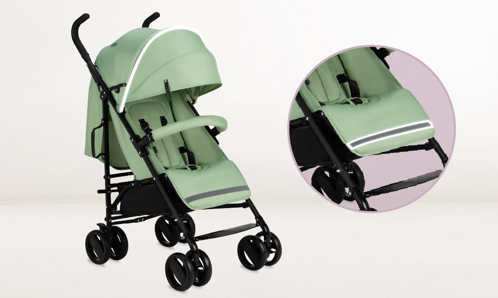 Wózek spacerowy MOMI Akira Zielony Widoczność i odblaski Elementy odblaskowe praktyczne wsparcie spacery jesień zima oświetlenie