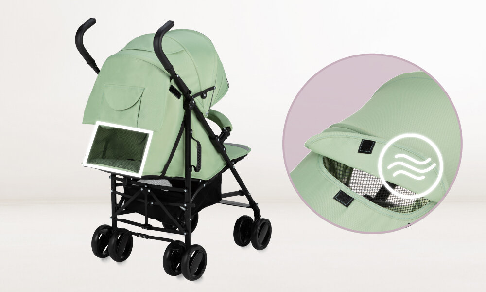 Wózek spacerowy MOMI Akira Zielony Ochrona przed pogodą Powiększana budka z okienkiem możliwość jej demontażu dopasowanie Okienko wspiera cyrkulację powietrza