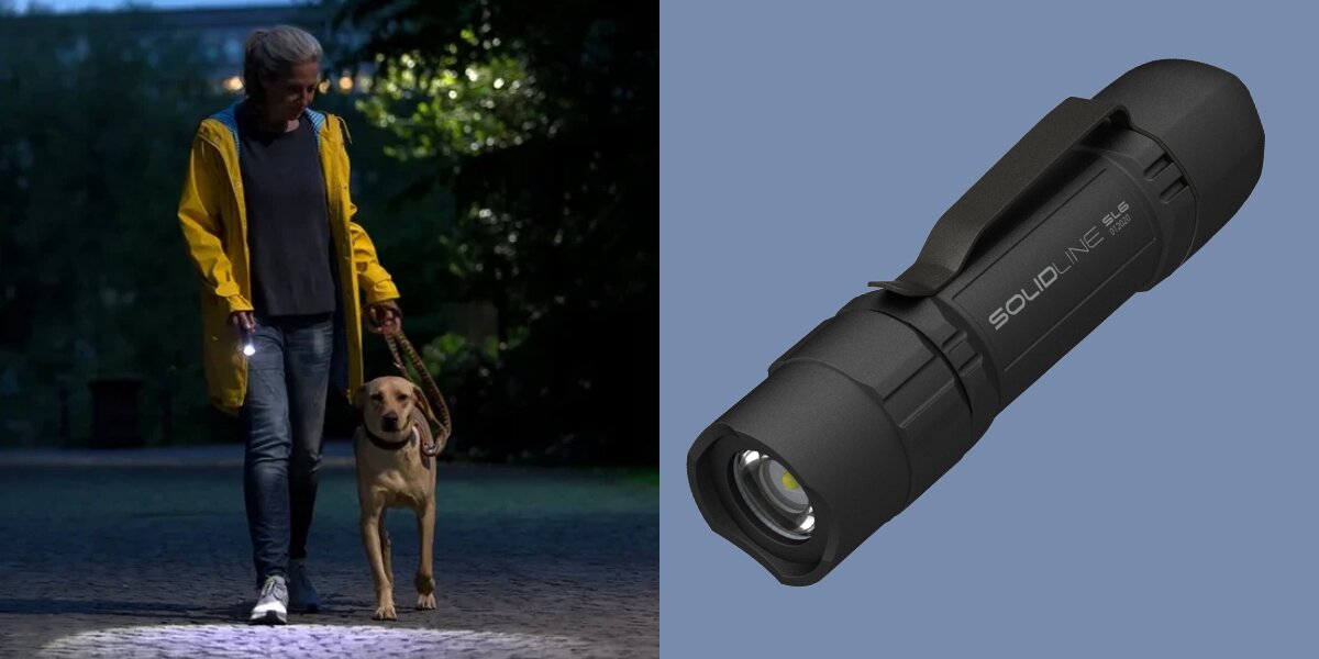 Latarka LEDLENSER Solidline SL6 Czarny, Wszechstronne urządzenie, Mężczyna idącym z psem na spacer