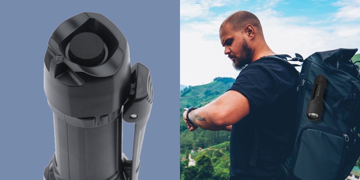 Latarka LEDLENSER Solidline SL6 Czarny, Regulacja mocy światła, Mężczyzna spoglądający na zegarek, obok tył latarki