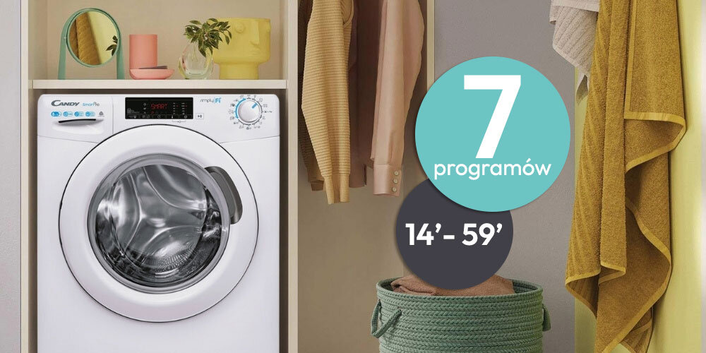 PRALKO-SUSZARKA CANDY SMART PRO CSOW 4855TWE lifestyle front zamknięta panel pokrętło ubrania kosz na pranie ikona czas ilość programów dekoracje krótkie szybkie progamy 14 minut bawełna delikatne