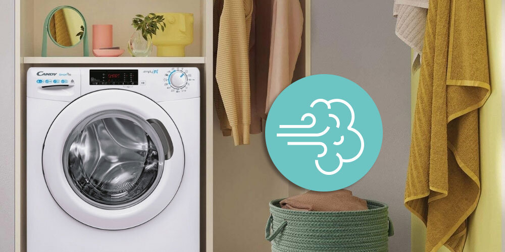 PRALKO-SUSZARKA CANDY SMART PRO CSOW 4855TWE lifestyle zamknięta front panel pokrętło ikona pary odświeżanie mniej zagnieceń usuwanie alergenów bakterii zapachów