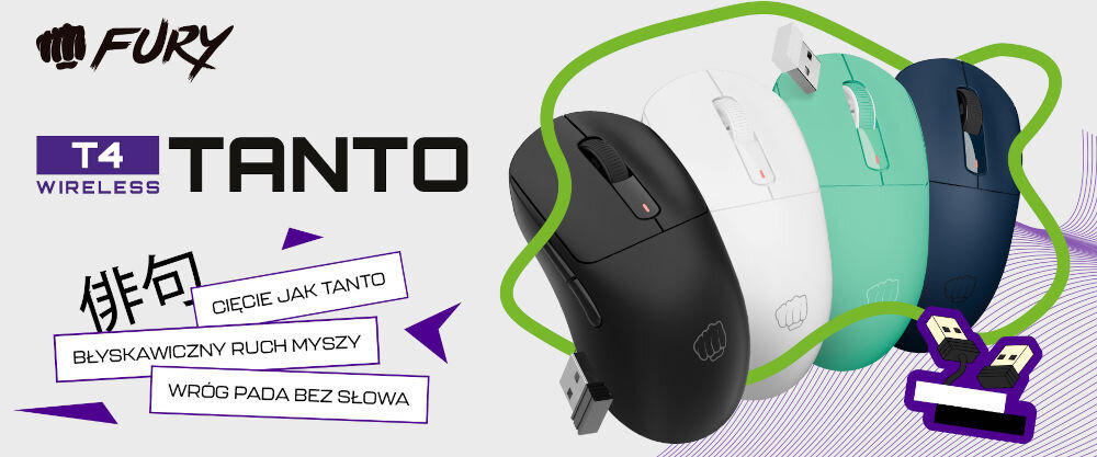 Mysz FURY Tanto T4 Wireless Biały
							zyskaj przewagę w grze, myszki w czterech wersjach kolorystycznych, logo producenta, nazwa modelu, 3 prostokąty z napisami
							cięcie jak tanto, błyskawiczny ruch myszy, wróg pada bez słowa