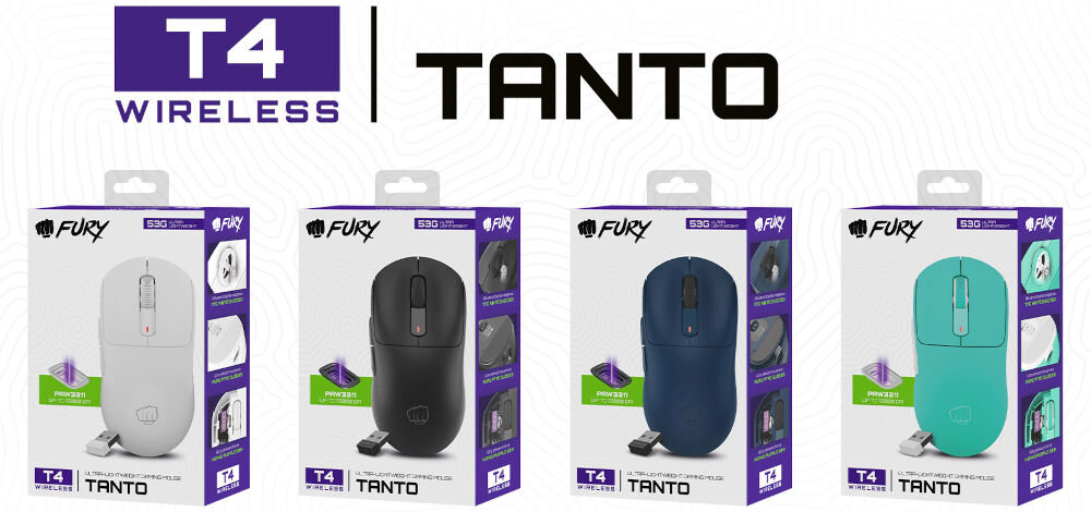 Mysz FURY Tanto T4 Wireless Biały
					wybierz swój wariant, cztery wersje kolorystyczne do wyboru - czarna, biała, miętowa i granatowa, białe tło, nazwa modelu,
					cztery opakowania, każde z inną wersją kolorystyczną