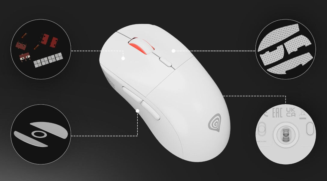 Mysz GENESIS Zircon XIII Biały sensor Pixart PAW3395 wysokiej klasy podzespoły wymienne przełączniki Kailh 8.0 żywotność do 80 milionów kliknięć enkoder TTC Gold ślizgacze z PTFE