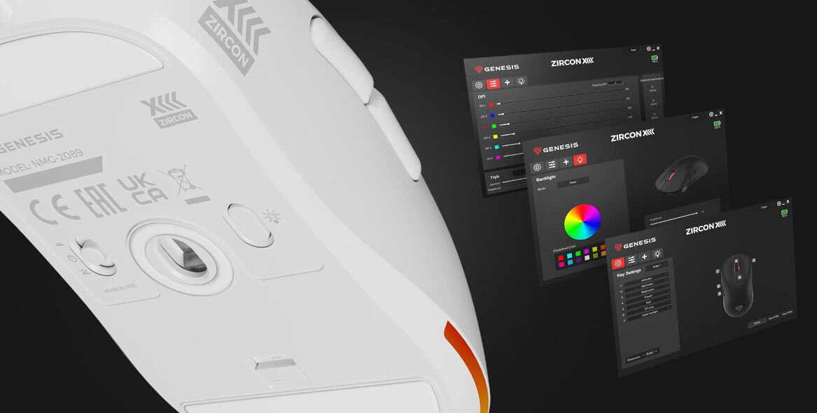 Mysz GENESIS Zircon XIII Biały przełącznik na spodzie szybkie przełączanie między trybem przewodowym a bezprzewodowym dedykowany przycisk dostosowanie trybu podświetlenia wbudowana pamięć oprogramowanie