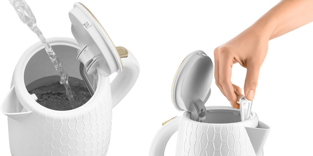 Czajnik SENCOR SWK 7200 Biały Praktyczny przycisk otwieranie pokrywa znak wodny wyjmowany zmywalny filtr