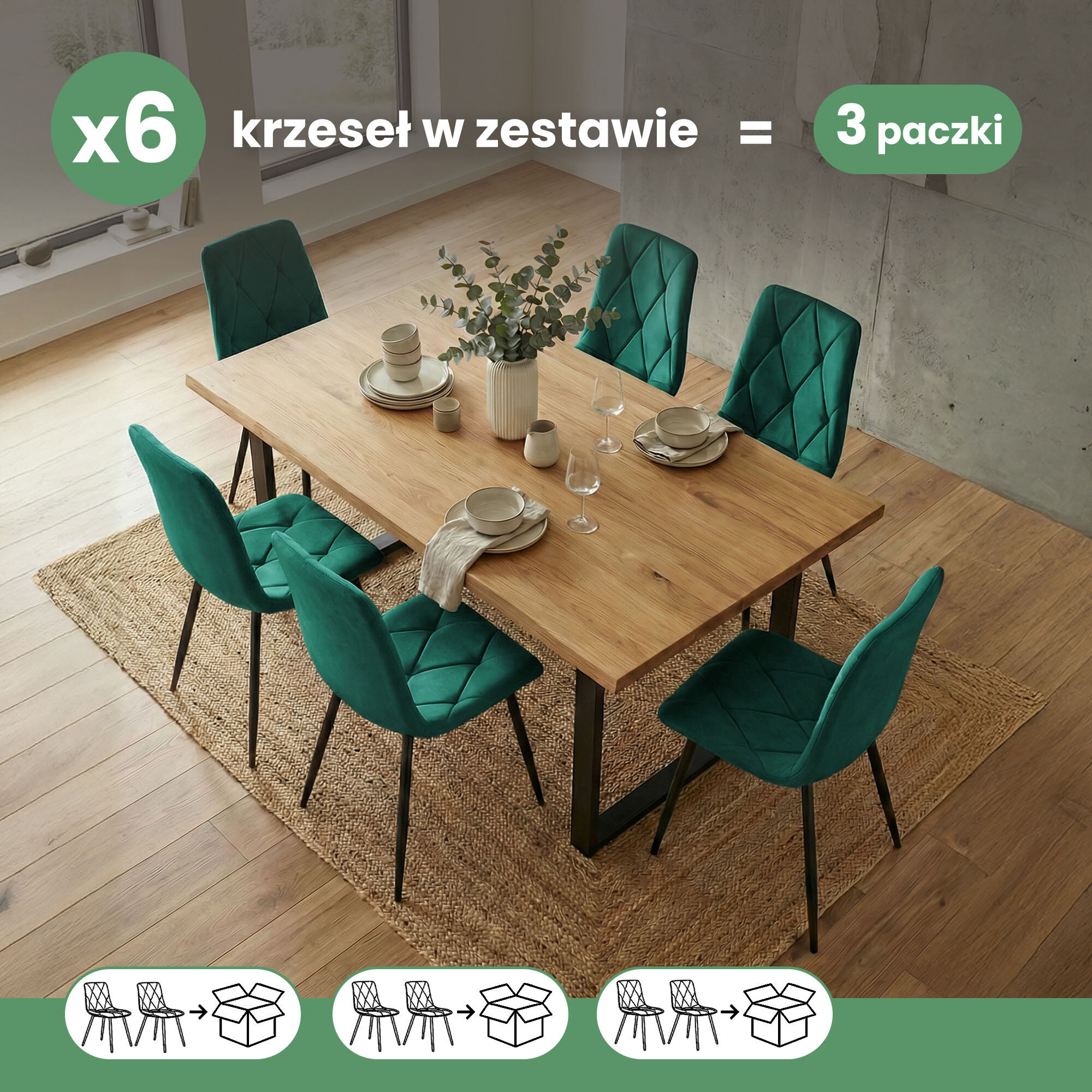 Zdjęcie przedstawia drewniany stół z sześcioma welurowymi krzesłami w kolorze butelkowej zieleni, ustawionymi na dywanie. Na obrazie widoczny jest tekst: \'x6 krzeseł w zestawie = 3 paczki\'.