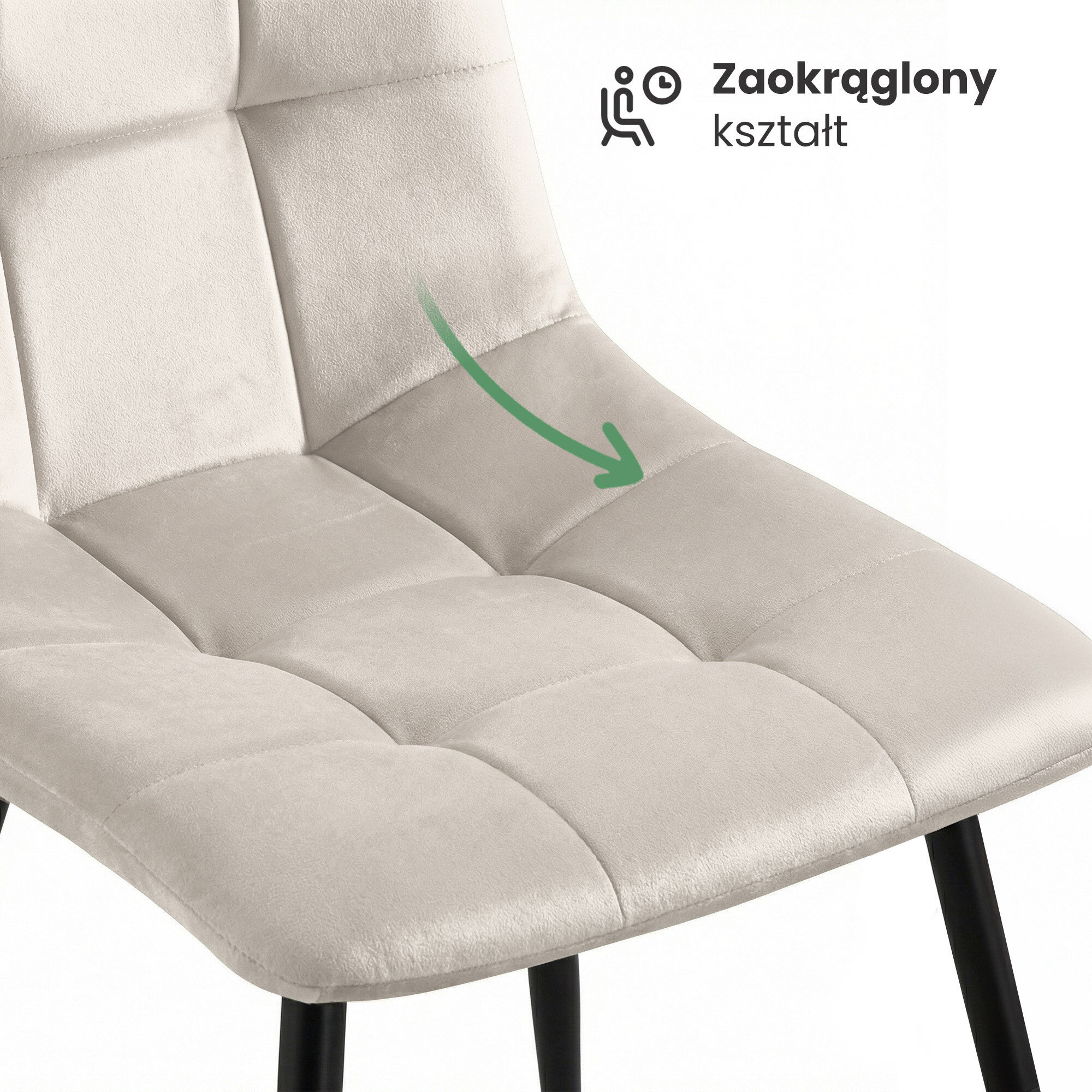 Beżowe, pikowane krzesło tapicerowane z czarnymi nogami. Obok znajduje się napis \'Zaokrąglony kształt\' z ikoną siedzącej osoby i strzałką wskazującą na siedzisko.