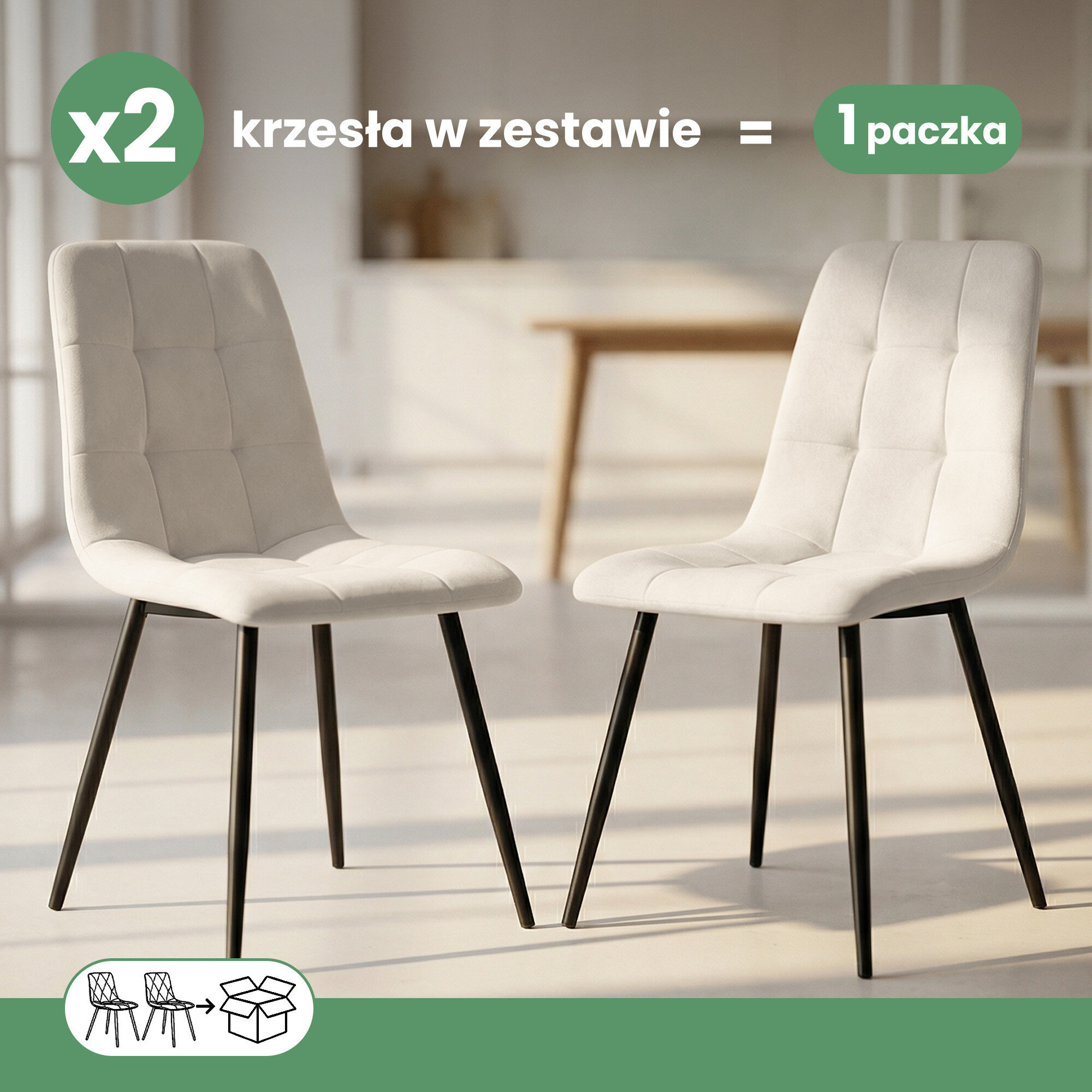 Dwa beżowe, welurowe krzesła tapicerowane z pikowanym wzorem i czarnymi nogami stoją w jasnym wnętrzu. Na obrazie widoczny jest tekst: \'x2 krzesła w zestawie = 1 paczka\'.