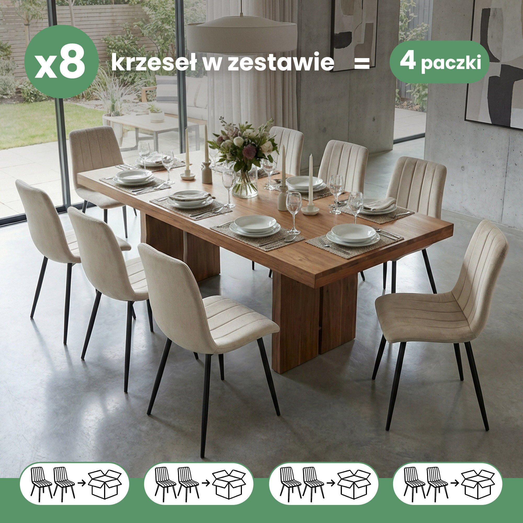 W jadalni znajduje się drewniany stół otoczony ośmioma beżowymi, pikowanymi krzesłami z czarnymi nogami. Na obrazie widnieje tekst: \'x8 krzeseł w zestawie = 4 paczki\'.
