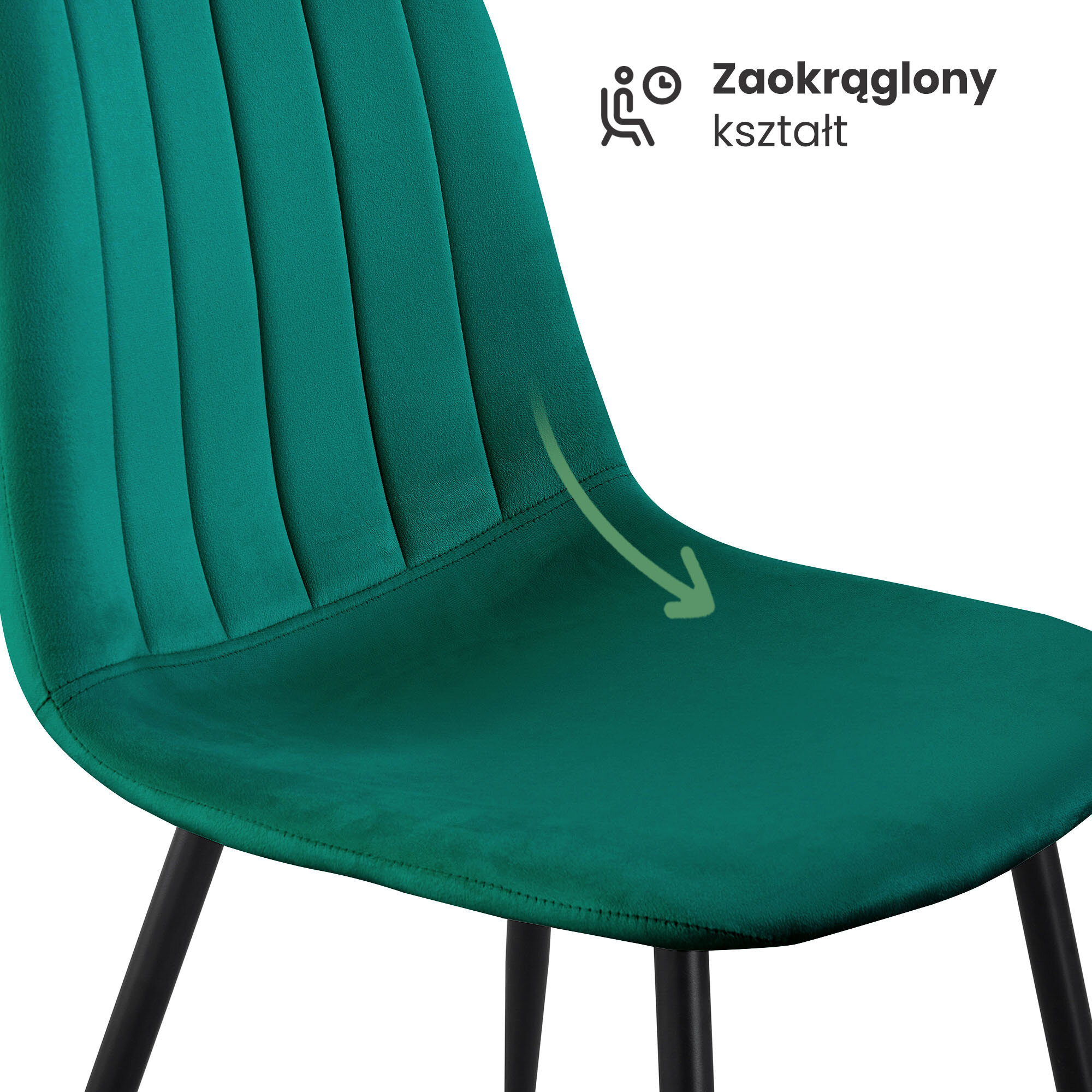 Welurowe krzesło tapicerowane w kolorze butelkowej zieleni z czarnymi nogami. Obok znajduje się napis \'Zaokrąglony kształt\' z ikoną przedstawiającą siedzącą postać.