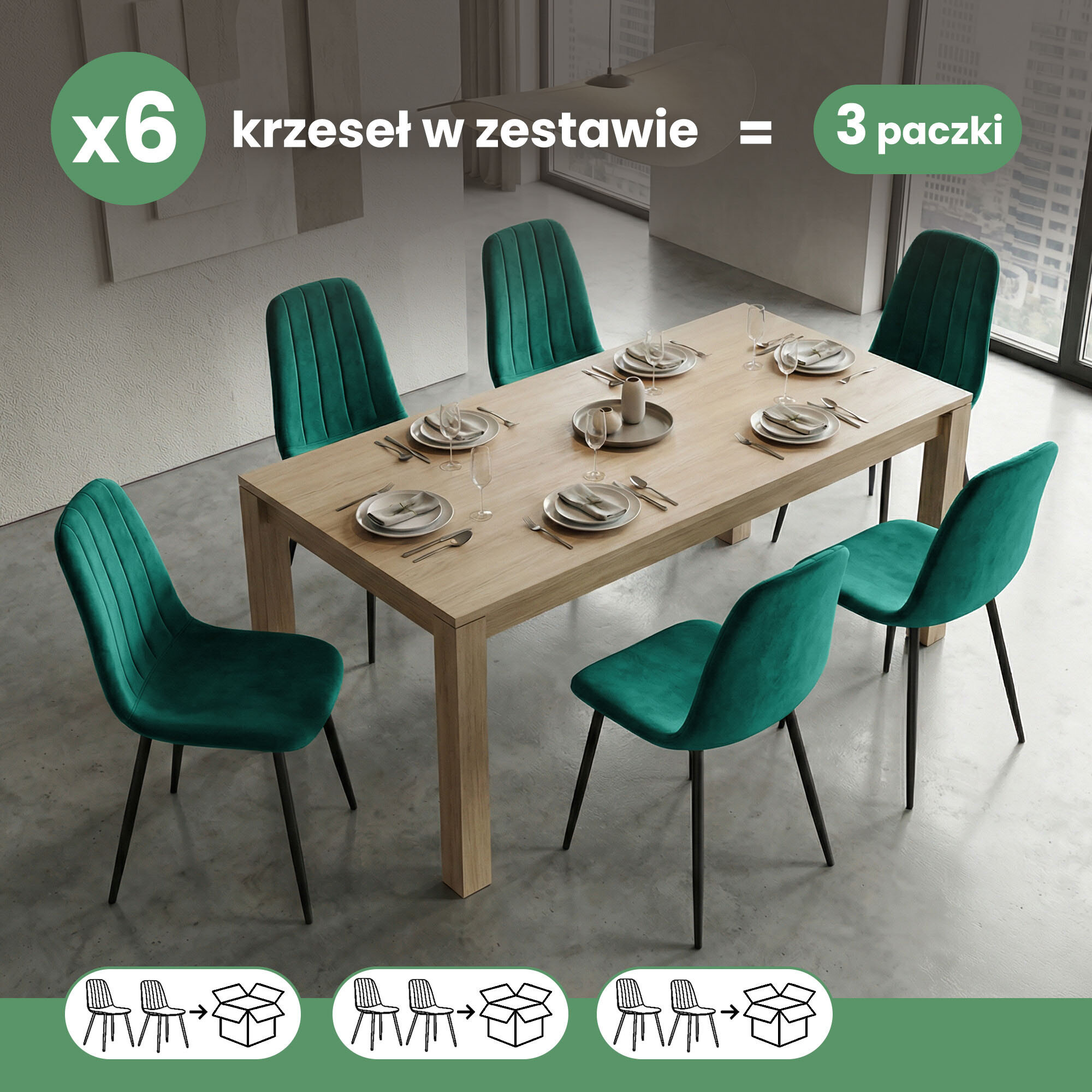 Na obrazie znajduje się drewniany stół otoczony sześcioma welurowymi krzesłami w kolorze butelkowej zieleni z czarnymi nogami. Na górze widoczny jest tekst: \'x6 krzeseł w zestawie = 3 paczki\'.