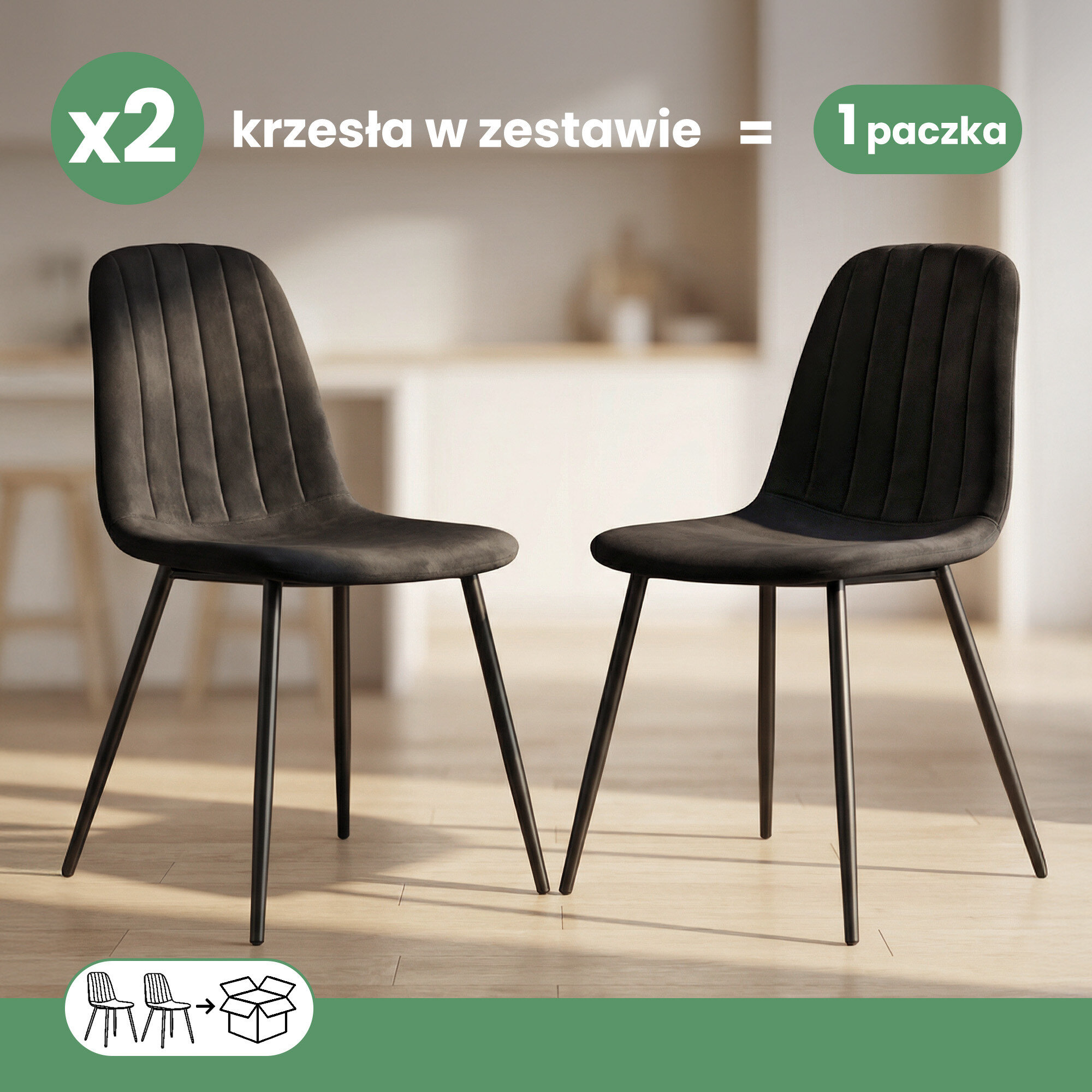 Dwa czarne, welurowe krzesła tapicerowane z pikowanym wzorem i czarnymi nogami stoją w jasnym wnętrzu. Tekst na obrazie: \'x2 krzesła w zestawie = 1 paczka\'.