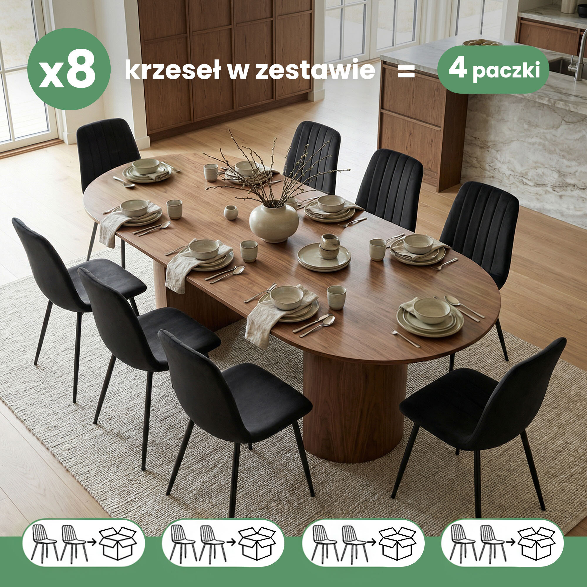 Na obrazie znajduje się drewniany stół z zastawą stołową, otoczony ośmioma czarnymi, pikowanymi krzesłami. Widoczny tekst: \'x8 krzeseł w zestawie = 4 paczki\'.