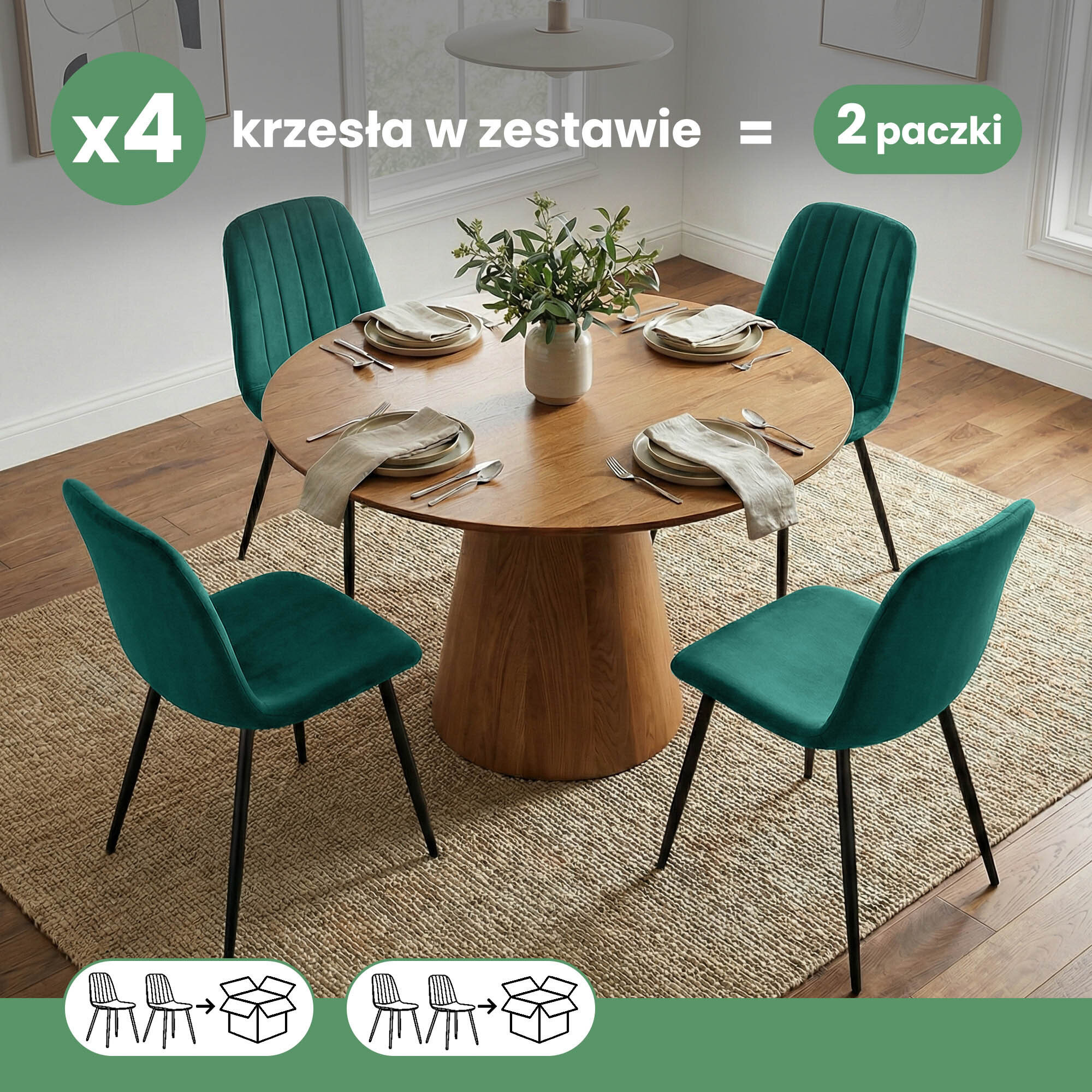 Na obrazie widoczny jest okrągły drewniany stół z czterema welurowymi krzesłami w kolorze butelkowej zieleni, ustawionymi na dywanie. Na górze obrazu znajduje się tekst: \'x4 krzesła w zestawie = 2 paczki\'.