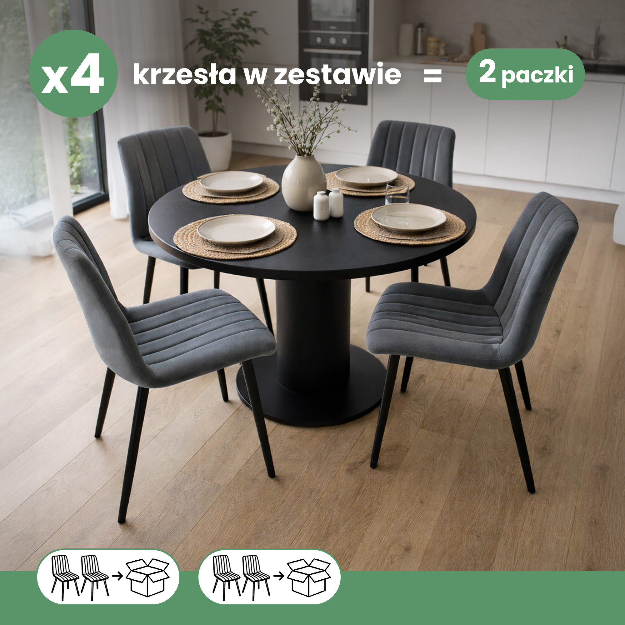 Cztery welurowe krzesła w ciemnym grafitowym kolorze ustawione wokół okrągłego, czarnego stołu. Na górze obrazu widnieje tekst: \'x4 krzesła w zestawie = 2 paczki\'.