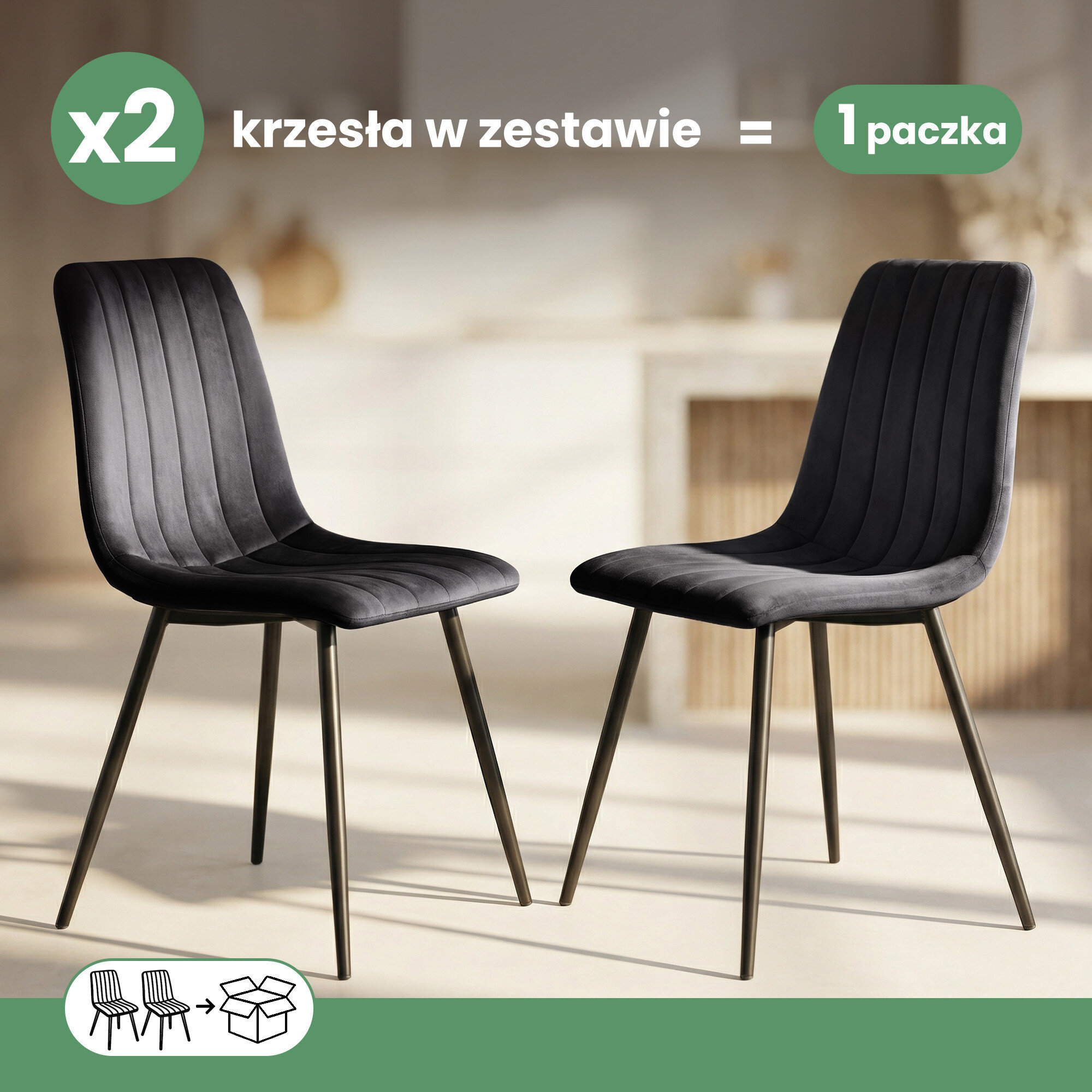 Na obrazie widoczne są dwa czarne, welurowe krzesła tapicerowane z pikowanym wzorem i czarnymi nogami. Tekst na obrazie: \'x2 krzesła w zestawie = 1 paczka\'.