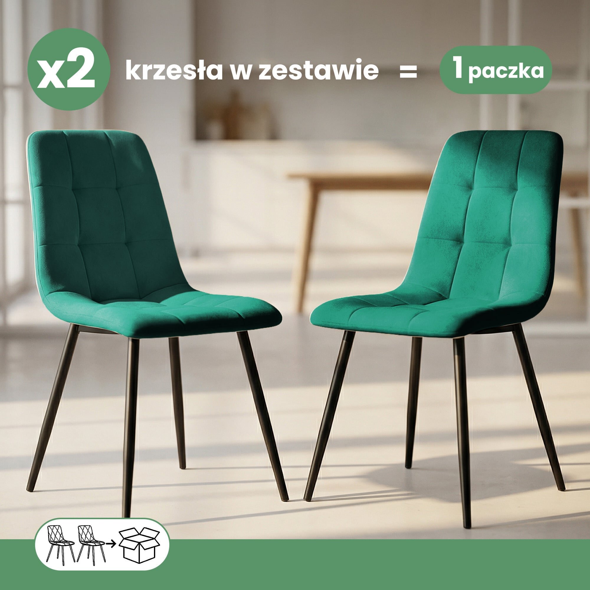 Dwa welurowe krzesła tapicerowane w kolorze butelkowej zieleni z czarnymi nogami. Tekst na obrazie: \'x2 krzesła w zestawie = 1 paczka\'.