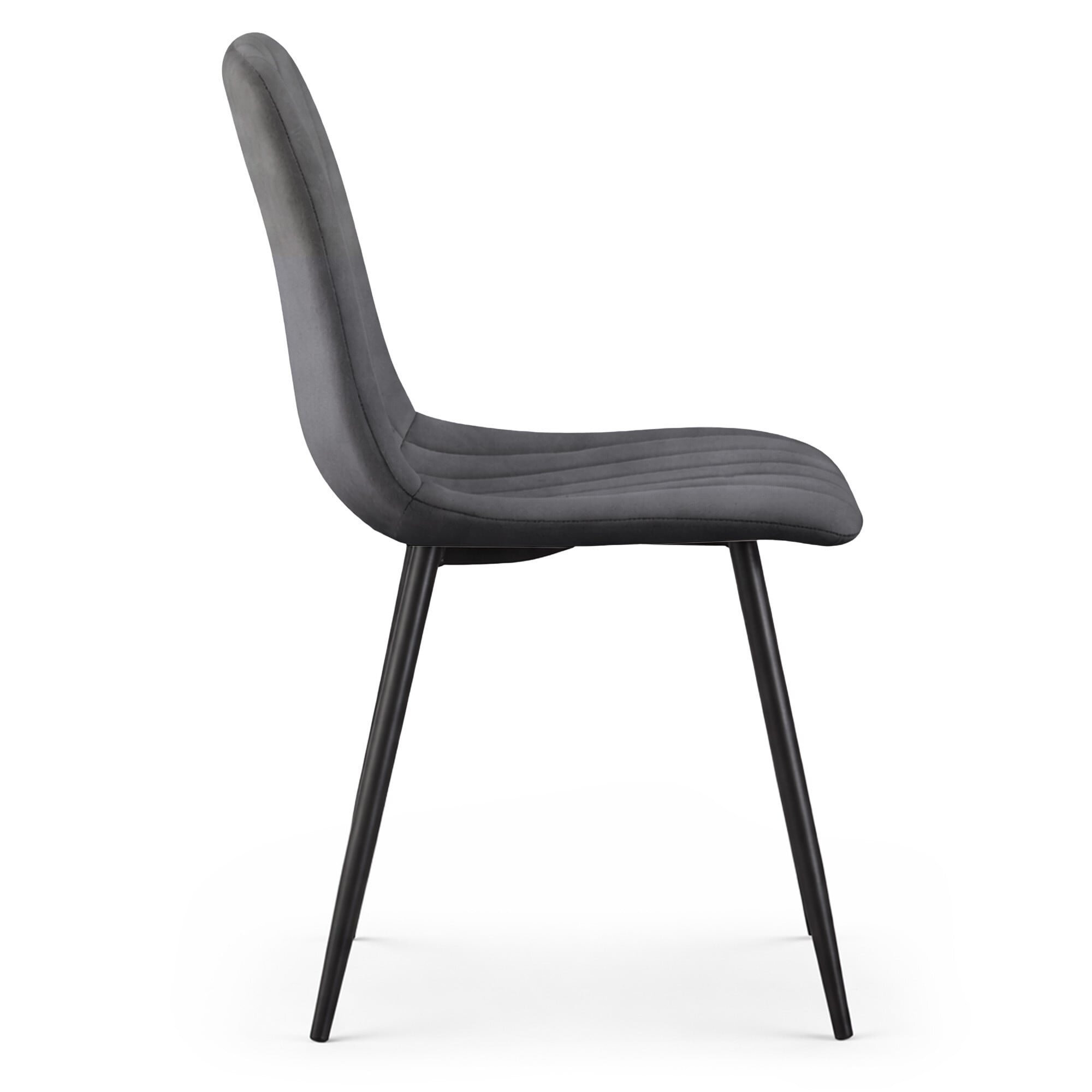 Welurowe krzesło tapicerowane w ciemnym grafitowym kolorze z pikowanym wzorem, posiada czarne, smukłe nogi.