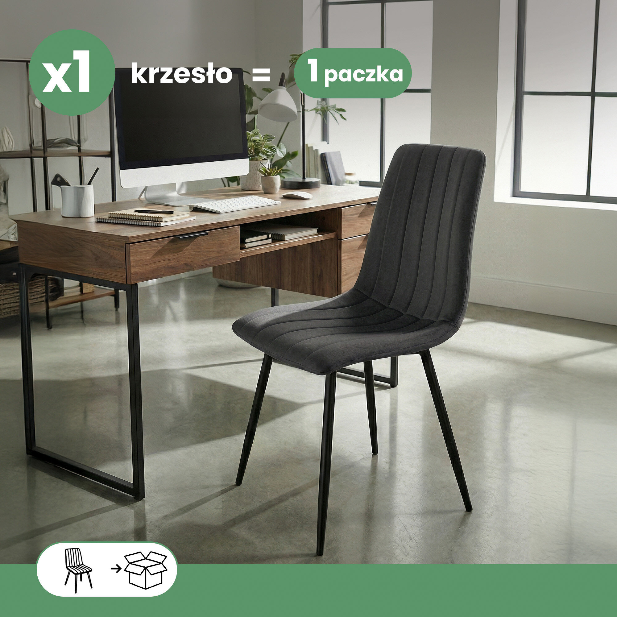 Welurowe krzesło tapicerowane w ciemnym graficie z czarnymi nogami stoi obok biurka z drewnianym blatem i metalowymi nogami. Na obrazie widoczny jest tekst: \'x1 krzesło = 1 paczka\'.