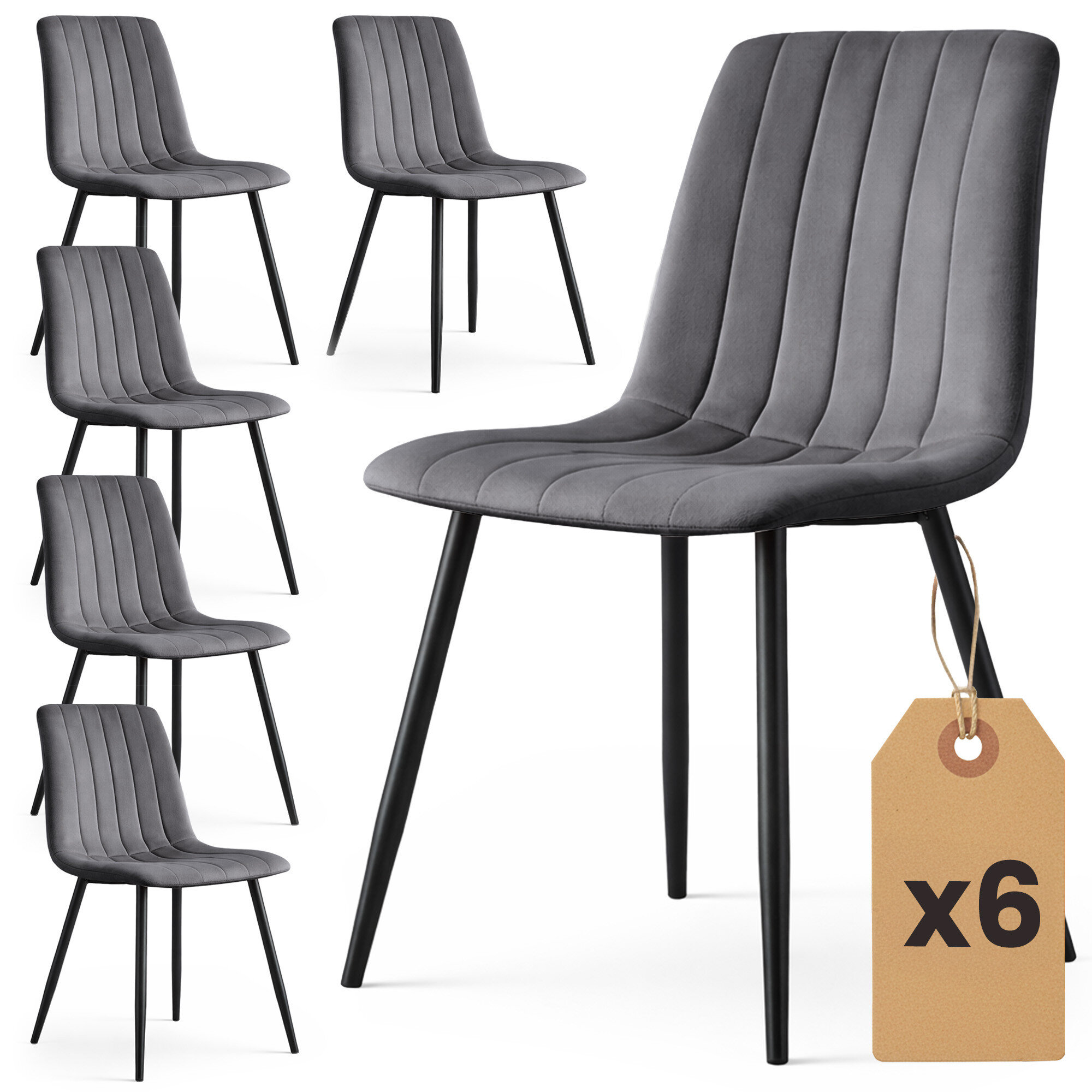 Na obrazie widoczny jest zestaw sześciu krzeseł tapicerowanych w ciemnym grafitowym kolorze z czarnymi nogami. Obok krzeseł znajduje się etykieta z napisem \'x6\'.