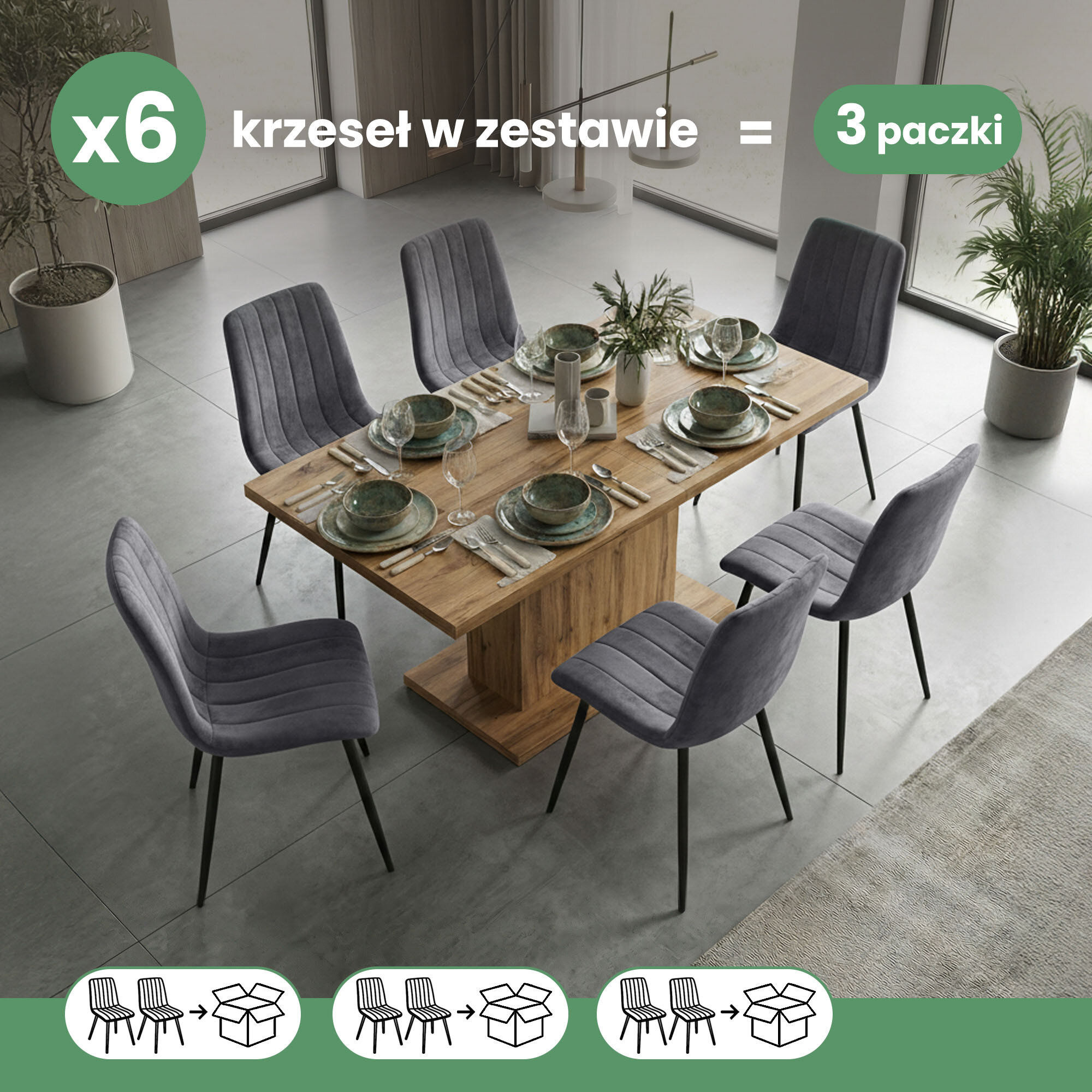 Zdjęcie przedstawia drewniany stół z sześcioma ciemnoszarymi, welurowymi krzesłami o czarnych nogach, ustawionymi wokół niego. Na stole znajdują się zastawa stołowa i dekoracje roślinne, a na obrazie widoczny jest tekst: \'x6 krzeseł w zestawie = 3 paczki\'.