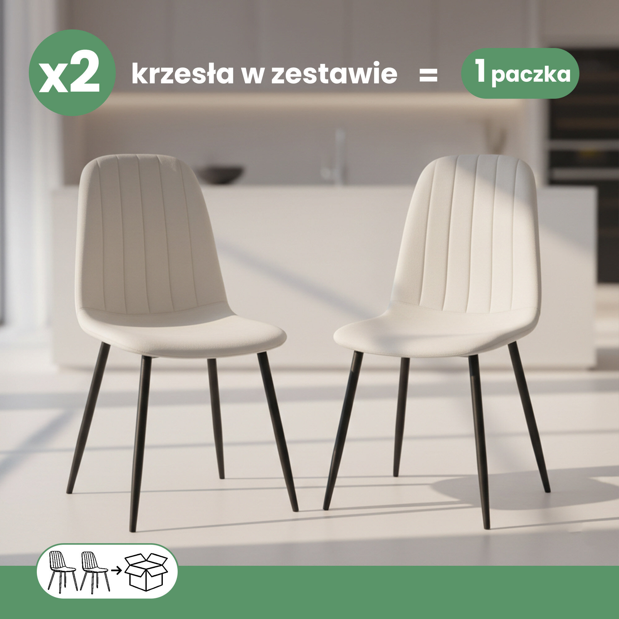 Dwa beżowe, welurowe krzesła tapicerowane z czarnymi nogami stoją w jasnym wnętrzu. Na górze obrazu widnieje tekst: \'x2 krzesła w zestawie = 1 paczka\'.