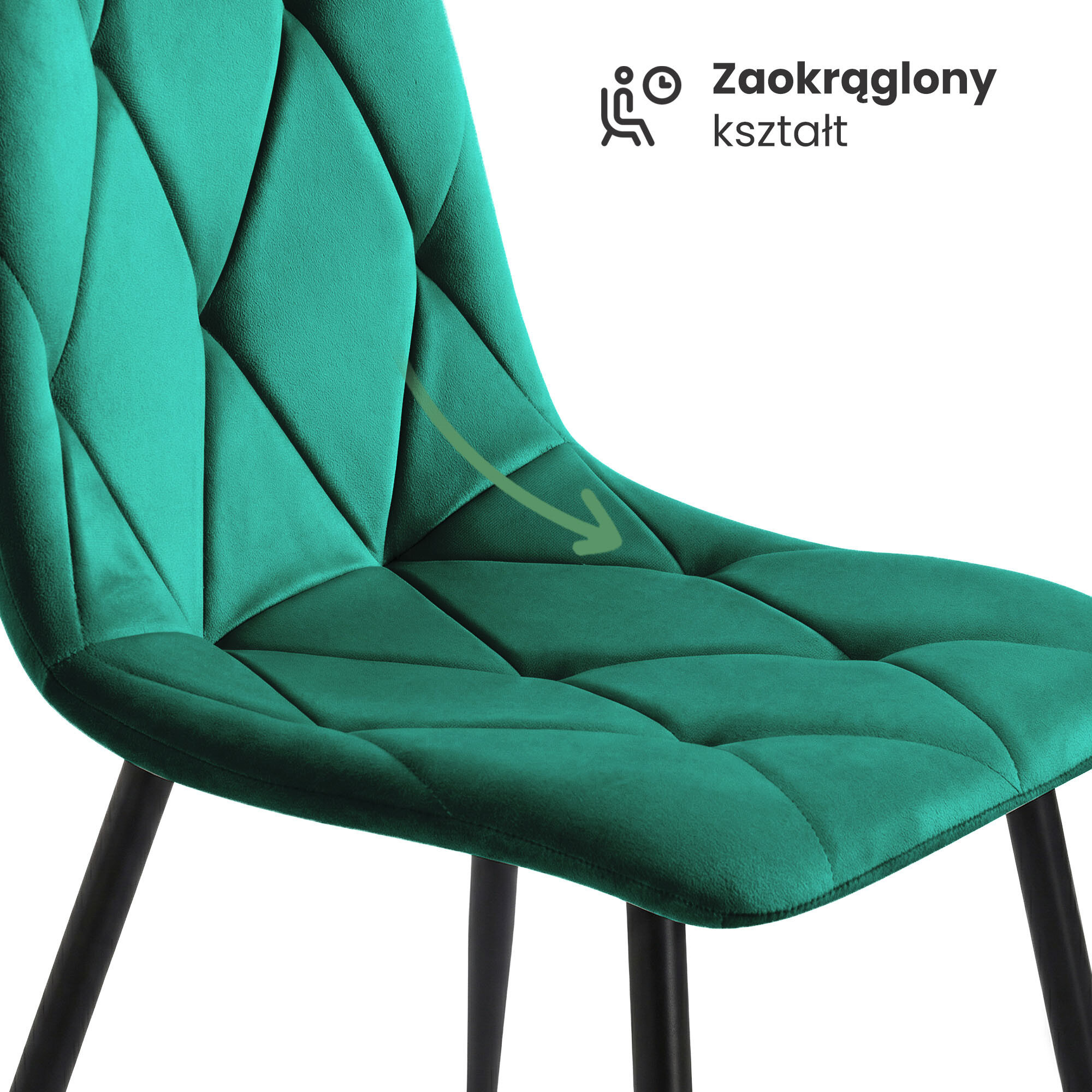 Welurowe krzesło tapicerowane w kolorze butelkowej zieleni z pikowanym wzorem i czarnymi nogami. Obok krzesła znajduje się napis \'Zaokrąglony kształt\' z ikoną siedzącej osoby.