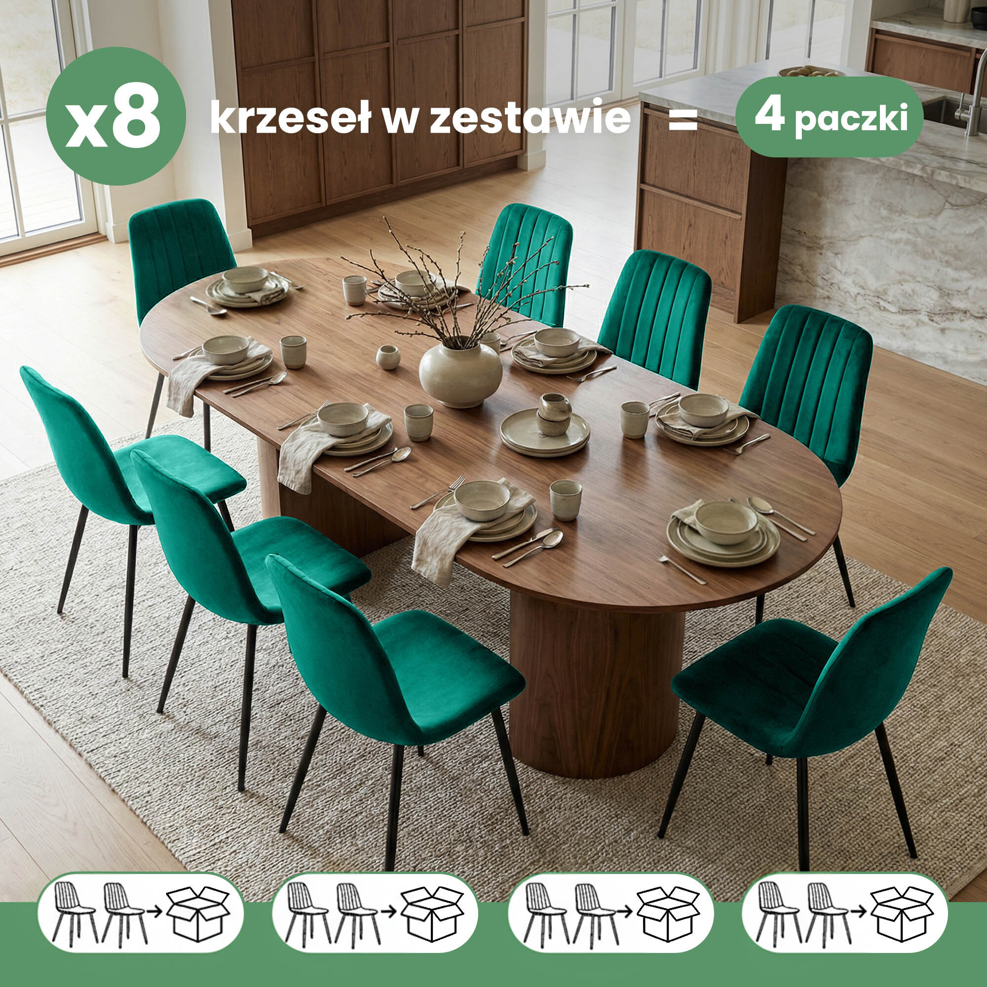 Na obrazie znajduje się drewniany stół z zastawą, otoczony ośmioma welurowymi krzesłami w kolorze butelkowej zieleni z czarnymi nogami. Tekst na obrazie: \'x8 krzeseł w zestawie = 4 paczki\'.