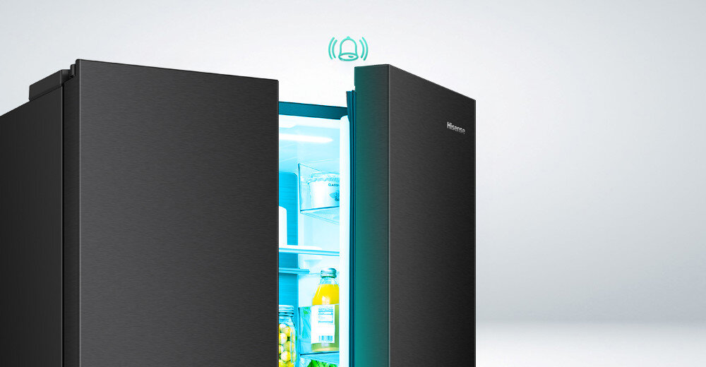 LODÓWKA HISENSE RQ5P470SMFE lifestyle wizualizacja ikonka dzwonek dźwięk uchylone drzwi alarm dźwięk sygnał czujniki ostrzżenie o otwarciu