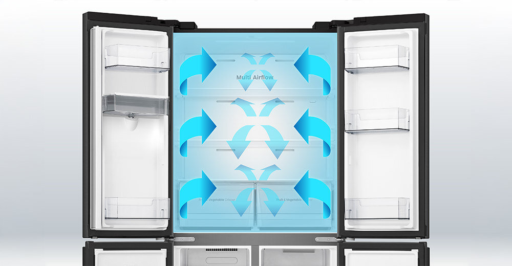 LODÓWKA HISENSE RQ5P470SMFE lifestyle wizualizacja chłodziarka otwarta niebieskie strzałki kierunki zimne powietrze Równomierne rozprowadzanie stała temperatura Multi Air Flow