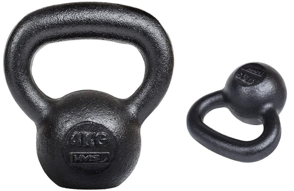 Kettlebell HMS KZG04 (4 kg) kettlebell na białym tle widoczny od przodu obok małe zdjęcie kettlebella położonego na płasko o masie 4 kg do treningu siłowego i funkcjonalnego pozwala ćwiczyć całe ciało w domu i na siłowni dzięki pracy wielostawowej angażujesz więcej mięśni jednocześnie skraca czas treningu i przynosi szybciej odczuwalne efekty