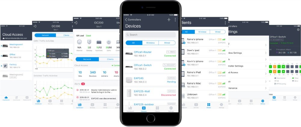 Router TP-LINK TL-ER605 Zrzuty ekranu z aplikacji mobilnej do zarządzania siecią. Na środku wyeksponowany jest smartfon z otwartą aplikacją. W tle znajdują się inne widoki interfejsu: lista urządzeń, stan sieci, aktywność klientów i ustawienia, aplikacja mobilna, obsługa