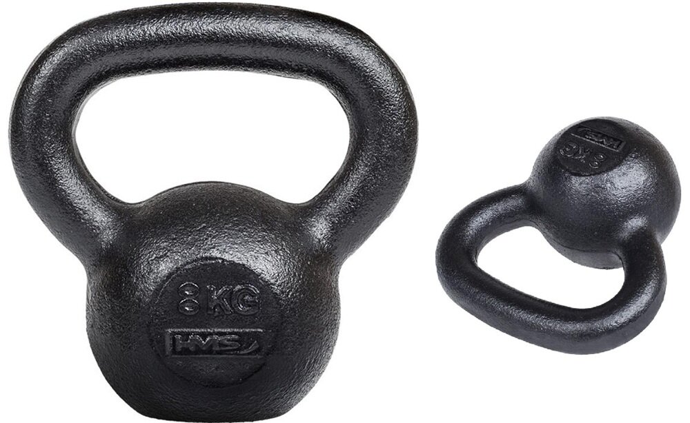 Kettlebell HMS KZG08 (8 kg) kettlebell na białym tle widoczny od przodu obok małe zdjęcie kettlebella położonego na płasko o masie 8 kg do treningu siłowego i funkcjonalnego pozwala ćwiczyć całe ciało w domu i na siłowni dzięki pracy wielostawowej angażujesz więcej mięśni jednocześnie skraca czas treningu i przynosi szybciej odczuwalne efekty