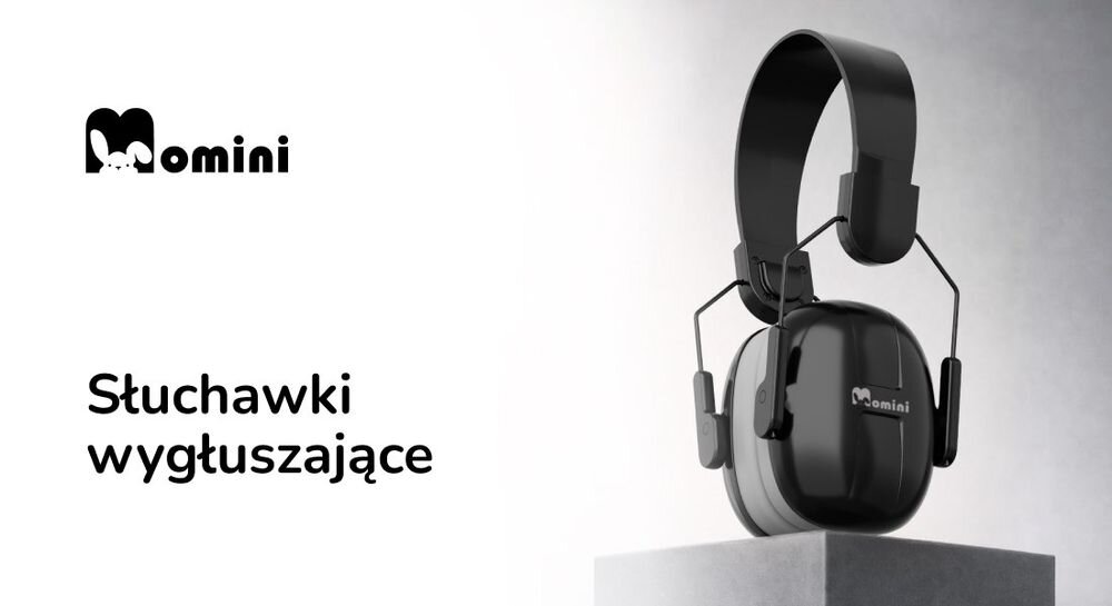 Słuchawki wygłuszające MOMINI Milo ochrona słuchu dzieci redukcja hałasu komfort użytkowania, słuchawki srtojące na postumencie na białym tle