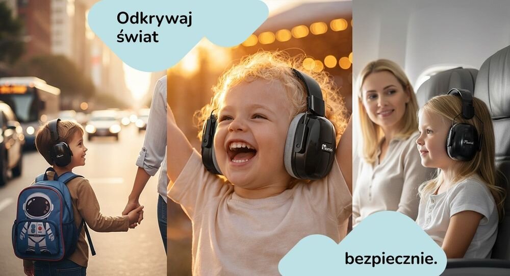 Słuchawki wygłuszające MOMINI Milo redukcja hałasu dzieci koncert podróż ochrona słuchu, dzieci z założonymi słuchawkami wygłuszającymi