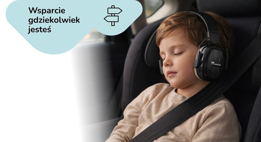 Słuchawki wygłuszające MOMINI Milo redukcja bodźców koncentracja dzieci komfort codzienne użytkowanie, dziecko śpiące w aucie z założonymi słuchawkami wygłuszającymi
