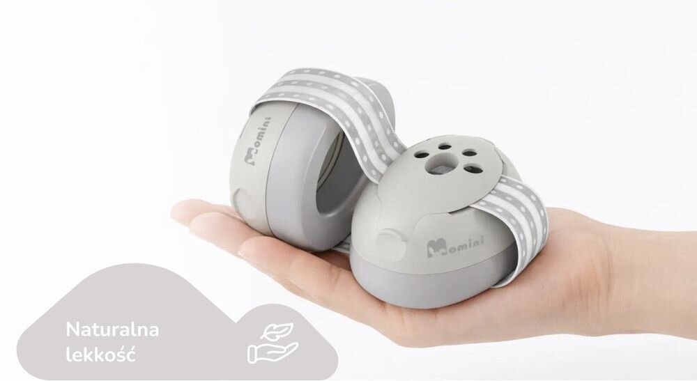 Słuchawki wygłuszające MOMINI Mimi miękki pałąk lekkie nauszniki komfort dzieci dopasowanie, słuchawki leżące na dłoni na białym tle