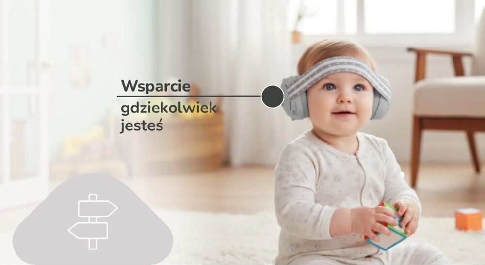 Słuchawki wygłuszające MOMINI Mimi zielony kolor design dzieci styl codzienny, dziecko z założonymi słuchawkami wygłuszającymi